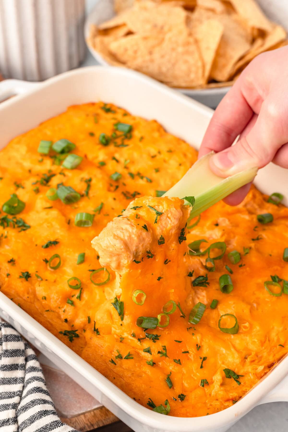 Cheesy baked chicken casserole with green onions, served in a white dish.