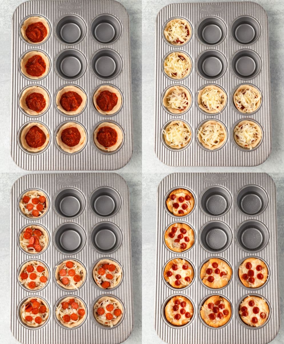 Mini pizza cups with varied toppings in muffin tin, preparing homemade pizzas.